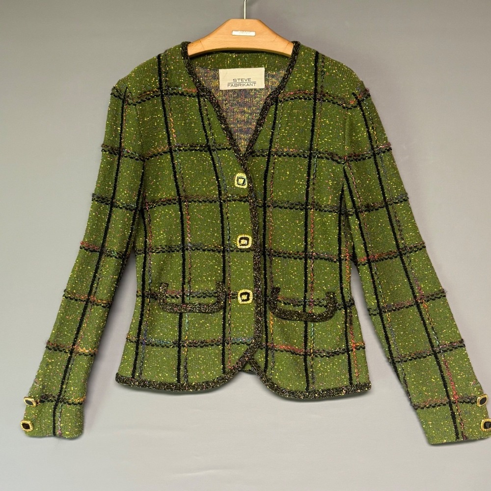 Steve Fabrikant Green Windowpane Plaid Wool Knit Cardigan Jacket Blazer Sz 8